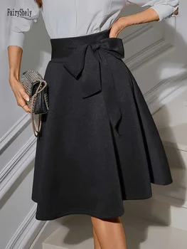 Fairyshely Casual Knitted Black Skirt Women 2026 Summer Lace-up High Waist Knee Skirt Ladies Elegant Solid A line Pleated Skirt 1