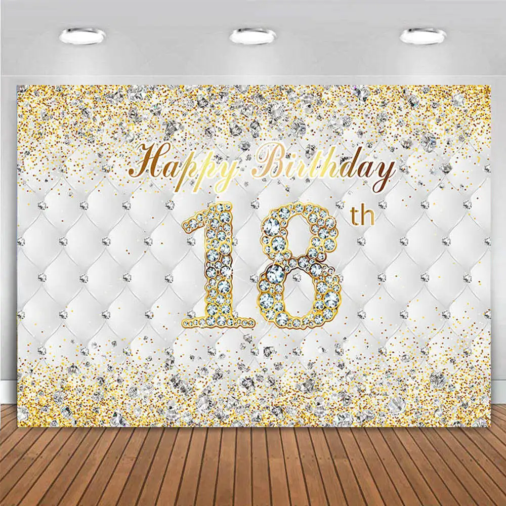 Happy 18th Birthday Party Decor Backdrop for Girl Eighteen 18 Years Old Pink Rose Gold Black White Silver Blue Background Custom