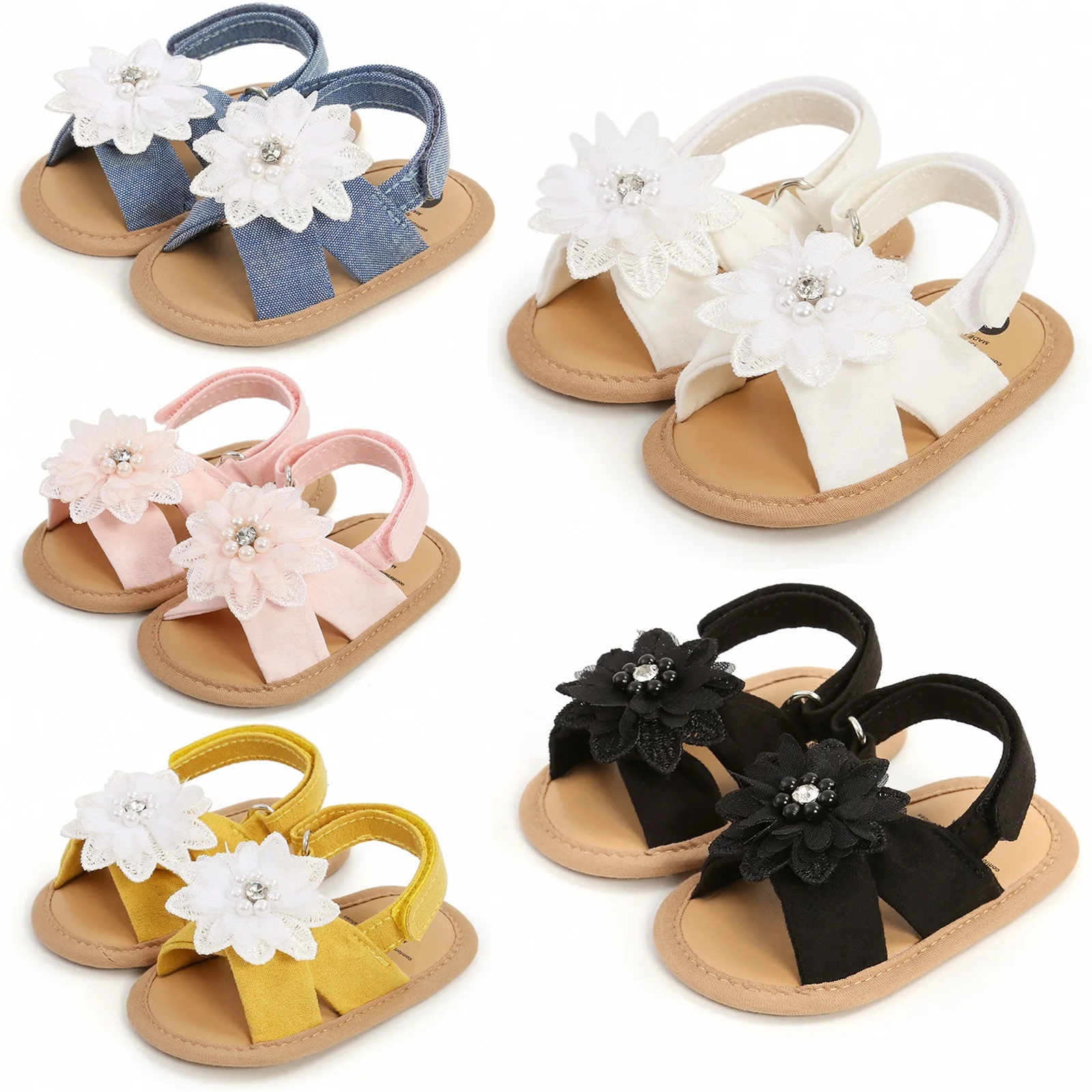 Baby Girls Princess Sandals Big Rhinestone Flower Open Totes Anti-Skid Soft Sole Walking Shoes Ankle Stick-On Summer Foot Wear 1