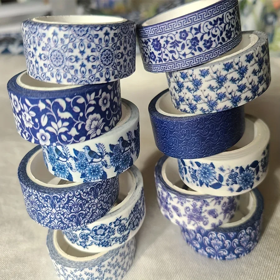 12 Rolls Per Set Blue & White Washi Tape Pretty Chinoiserie Designs Decorative Tape for Journaling, Scrapbooking 6