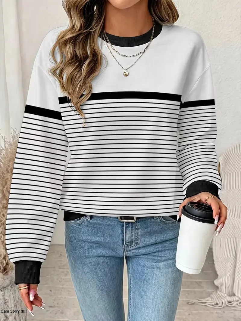 Women's Long Sleeved Round Neck Daily Casual Versatile Pullover Tops 3D Striped Splicing Regular Sweatshirt