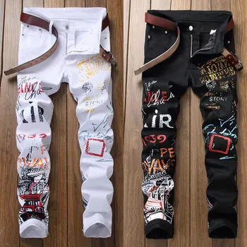 High Street Fashion Herren Jeans Nacht Club Schwarz Weiß Farbe Persönliche Designer Gedruckt Jeans Männer Punk Hosen Dünne Hip Hop jeans