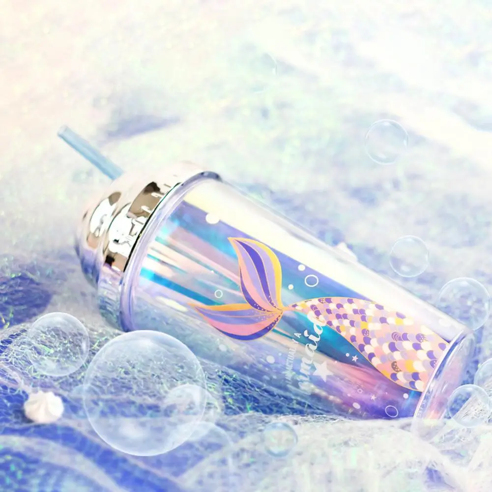 420ml Fashion Tumbler Cup Lightweight Straw Cup Heat Insulated Drinkware Mermaid Pattern Sippy