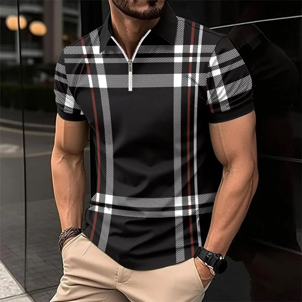 

Рубашка мужская деловая с отложным воротником, мягкая приталенная, с клетчатым принтом в полоску, на молнии, с коротким рукавом, в деловом стиле, лето