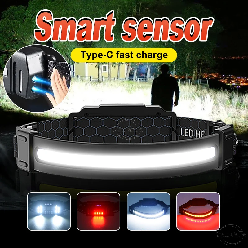

Super COB Headlamp Sensor Headlight Flashlight USB Rechargeable LED Head Lamps Torch 7 Modes Lighting Work Light Camping Lantern