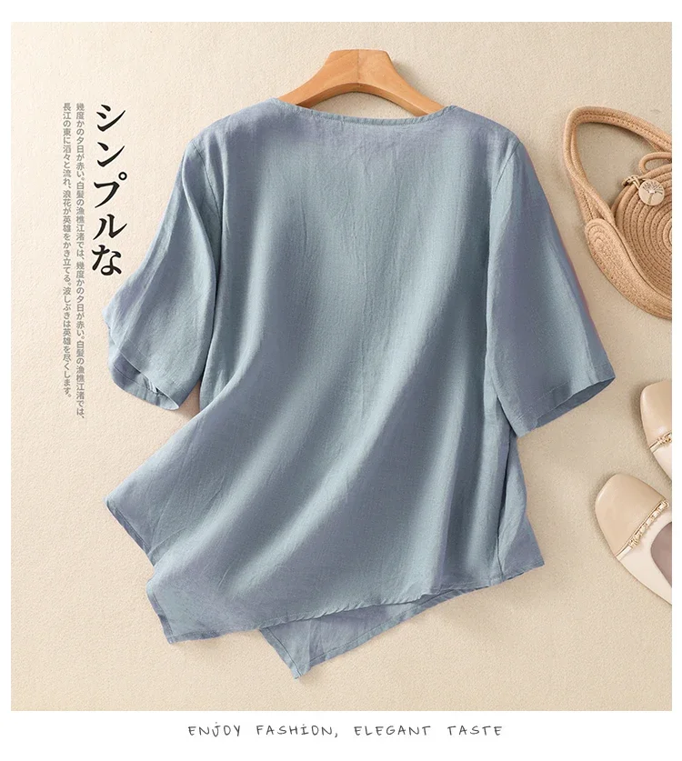 Cotton Linen Chinese Style Women's Shirt Summer Embroidery Vintage Blouses Loose Short Women Tops O-neck Clothing 2024 Korean