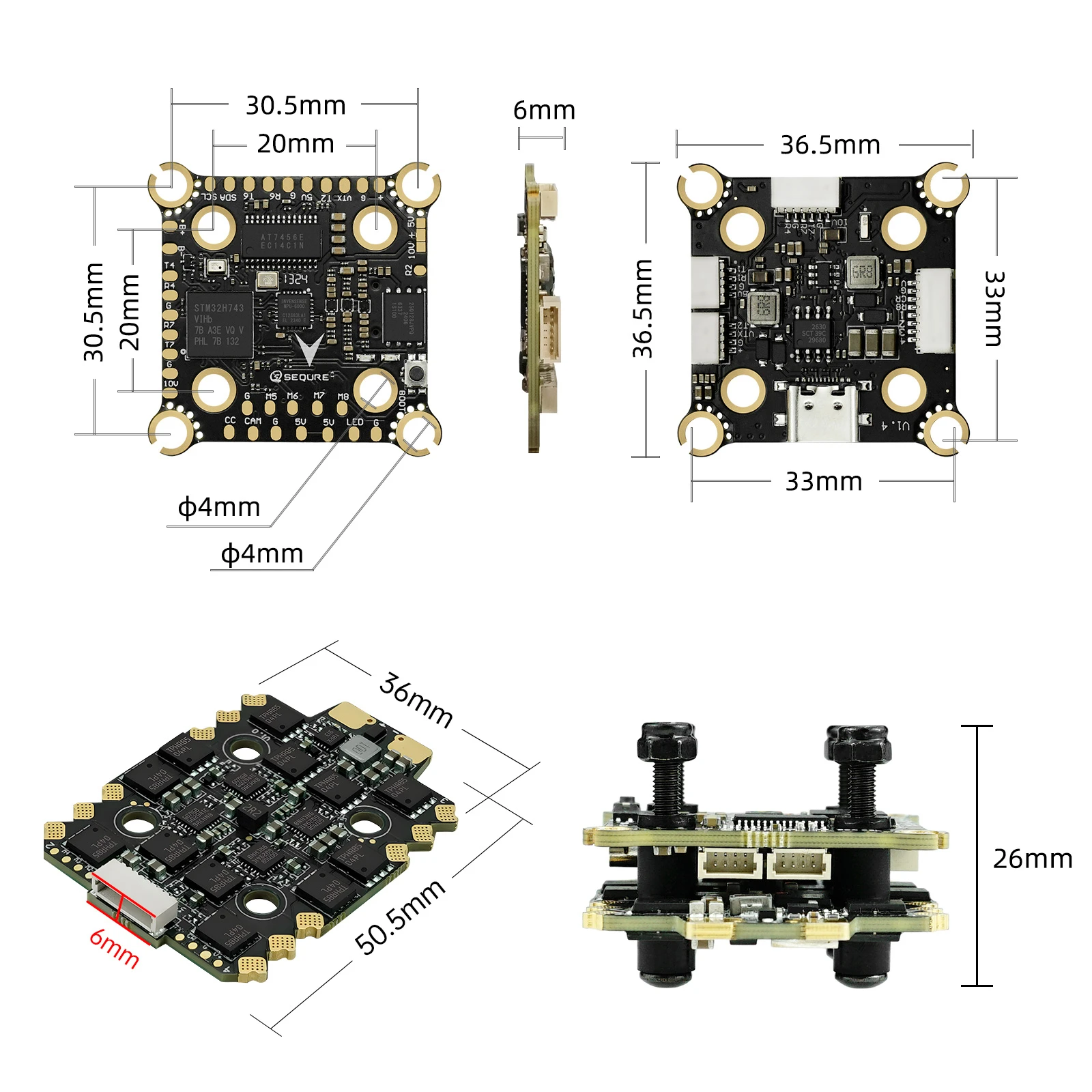 SEQURE H743 FC &E70 G1 ESC 스택 4-8S Lipo MPU6000 70A 128K 전자 속도 컨트롤러 스택 (레이싱 및 항공 촬영용)