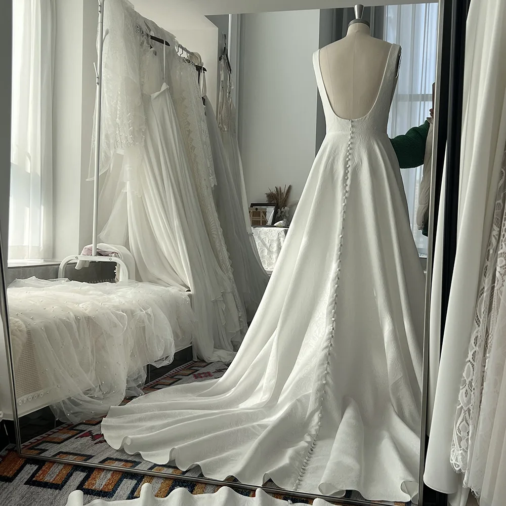 Mryarce Sleeveless Jacquard Wedding Dress V Neck A Line Bridal Gowns With Pockets 4