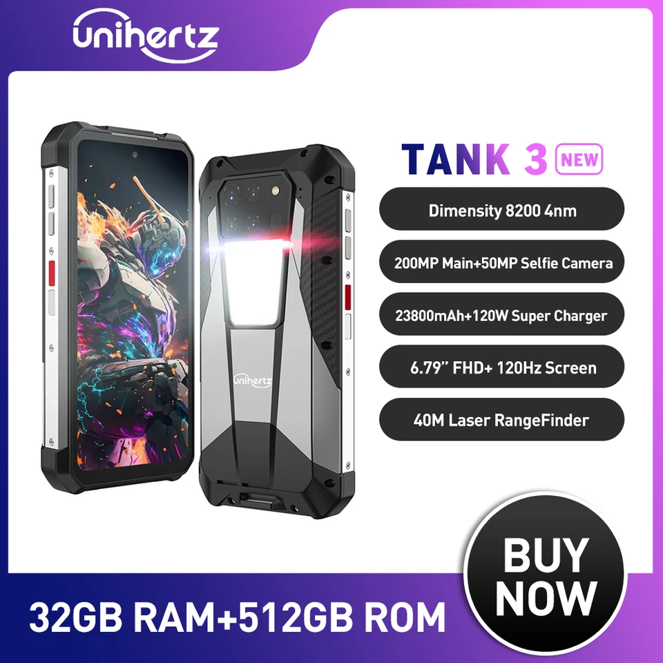 Unihertz Tank 3 by 8849 Rugged Smartphone 32GB 512GB 23800mAh 120W Charger  Dimensity 8200 5G Cell Phone 200MP 120Hz Mobile Phone