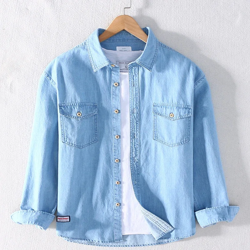 Denim Shirt Men Cotton Long Sleeved Two Front Pockets Turn-down Collar Casual Autumn
