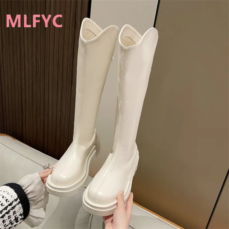 Women's Spring and Autumn New Versatile High Sleeve Boots with Back Zipper Up To Knee Length Mid Sleeve Boots Black Boots Mujer