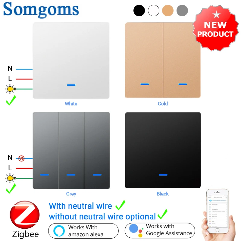 Tuya Zigbee Push Button Smart Switch EU UK Light Switches No Neutral Required Alexa Google Home Automation Zigbee2MQTT 2/3 Way