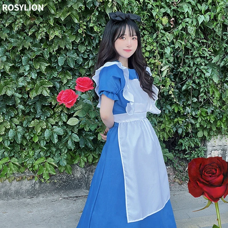 

Girls Cute Sweet Short Sleeve Blue Maid Dress Film Alice In Wonderland Halloween Ball Party Outfits Lolita Cosplay Costume