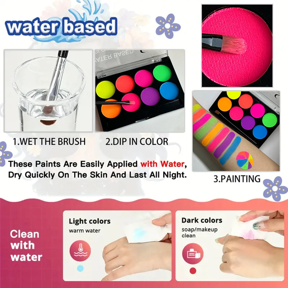 Waterproof 8 Color Water Based Face Body Paint Halloween Cosplay Black Light Face Makeup for Party UV Face Paint cosmetics 3
