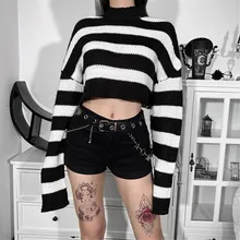 

Women Fashion Retro Knits Sweater Long Sleeve Round Neck Pullover Strip Black White Thick Cotton Winter Fall Ladies Sweater