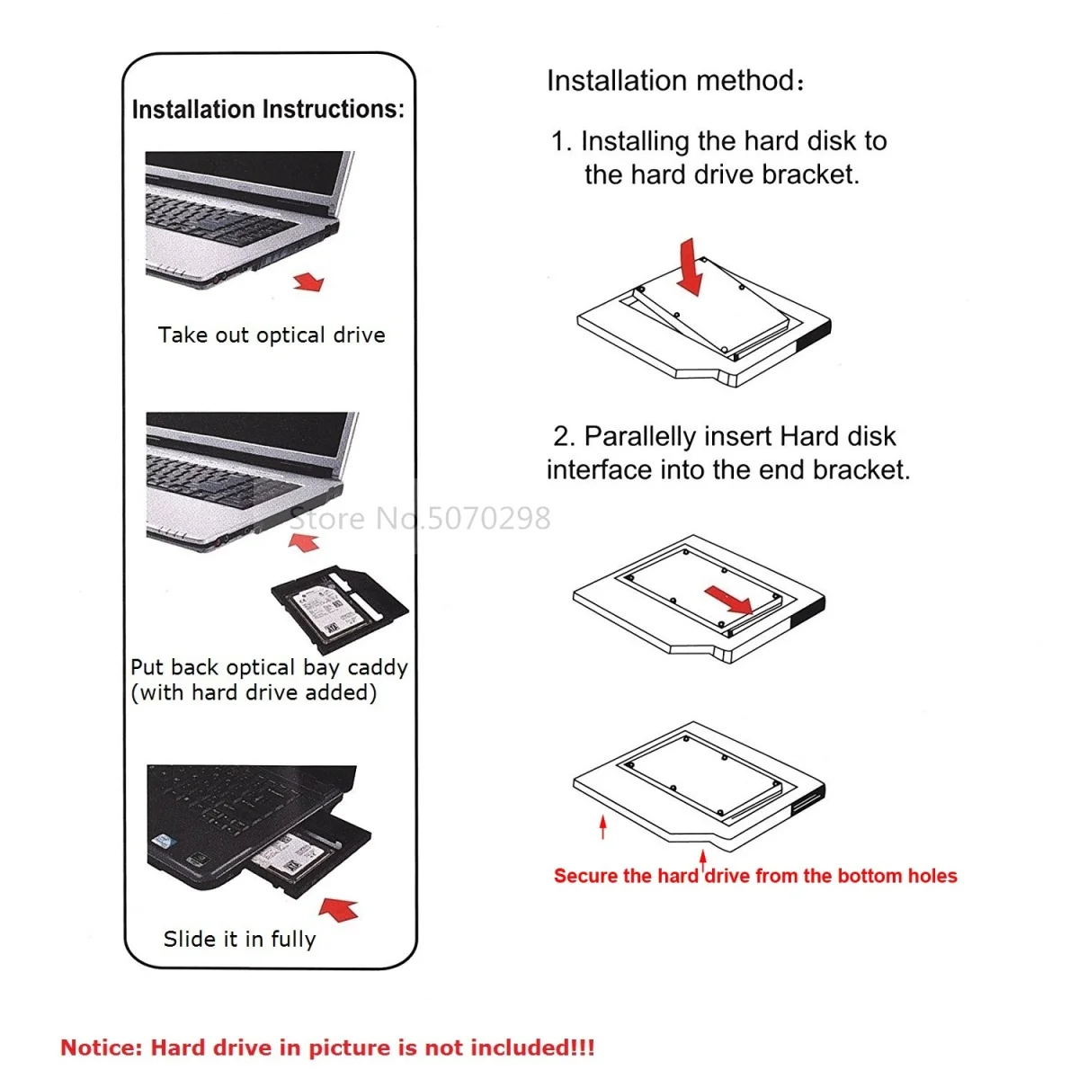 Caddy Vassoio Per Secondo Disco Rigido HDD/SSD Da 9,5mm - Sostituisce Unità Ottica Per Lenovo Flex 2 / IdeaPad G70 - 5