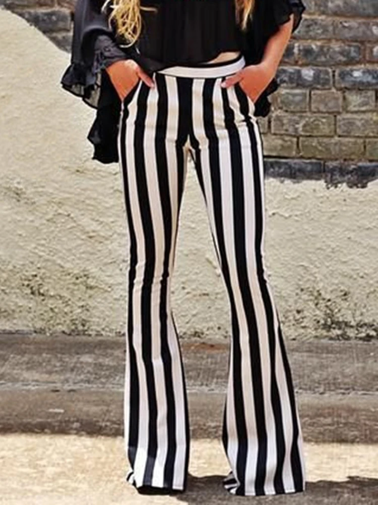 Black White Striped Printed High Waist Casual New Yoga Pants Sexy Wide Leg Trousers Female Streetwear Elastic Elegant Bottom