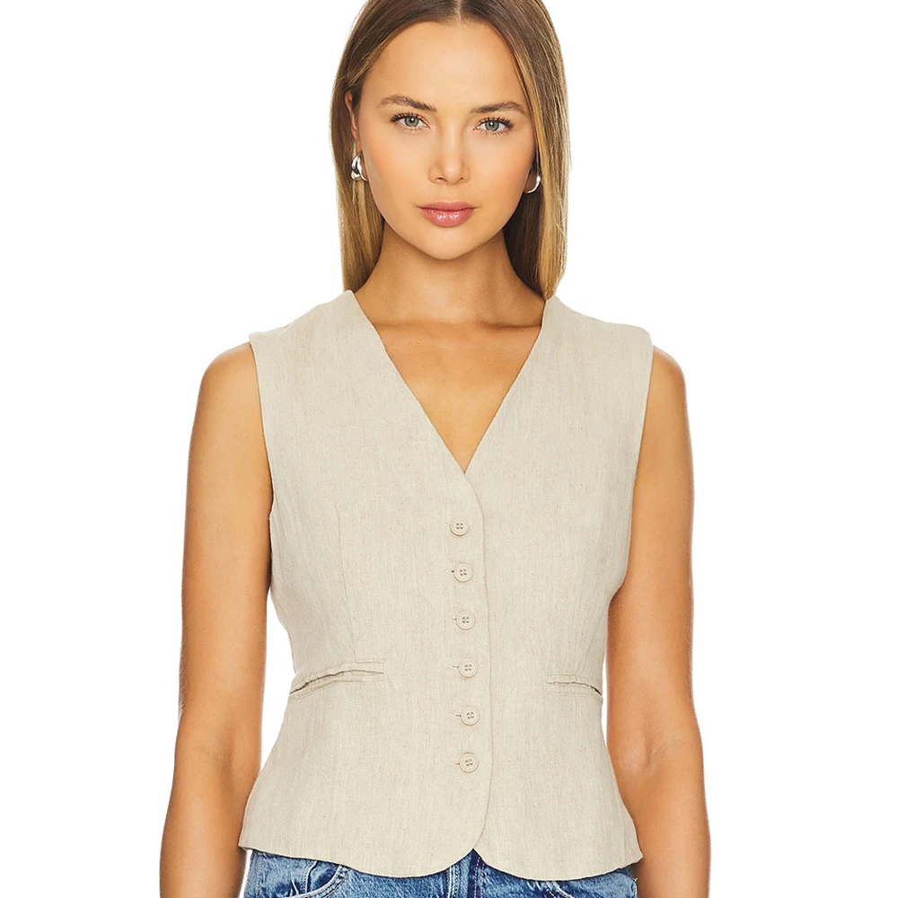 Single Breasted Vests for Women Waistcoat Sleeveless Jacket Summer Linen Casual V-Neck Clothes Coats Jackets Women's Clothing