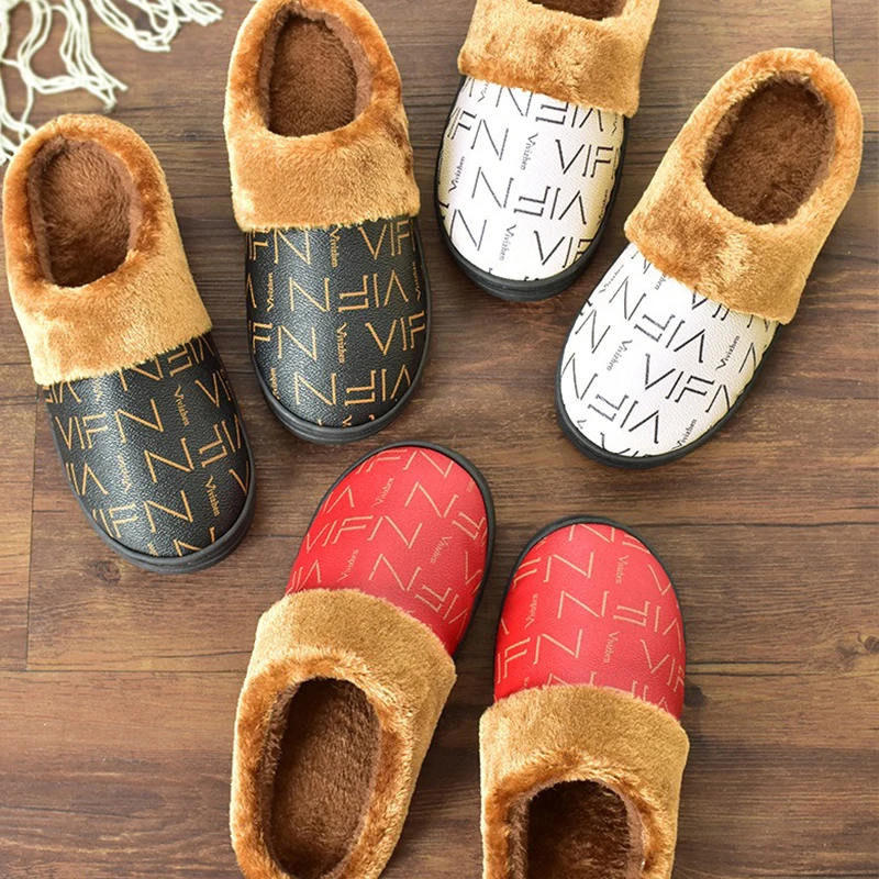 New home leather slippers for couples in autumn and winter warm waterproof anti slip fashionable indoor cotton slippers 6
