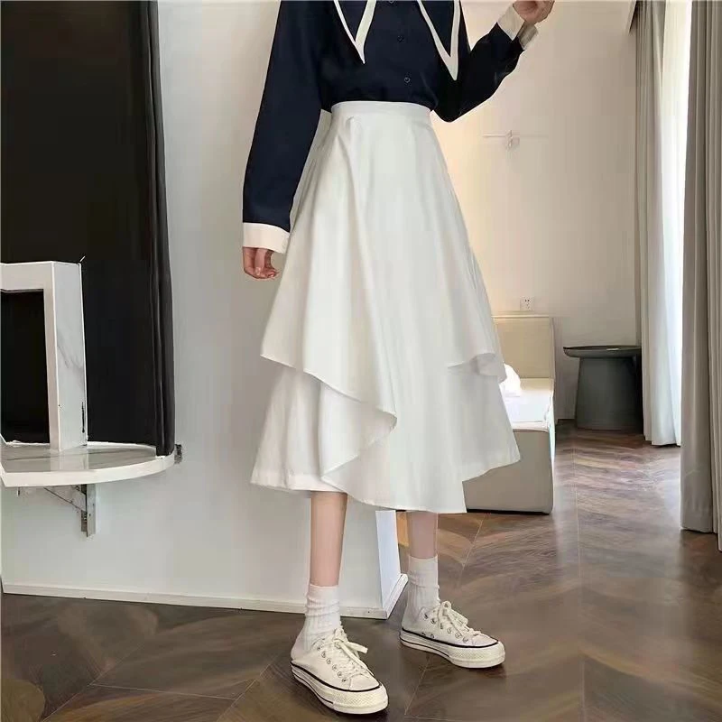 Gothic Irregular Midi Skirt  Women’s Y2K High Rise Waist Cargo Harajuku Vintage Punk Japanese Black Pleated Casual A-line women’s Plus size Japan Pleated Skirts for woman in white