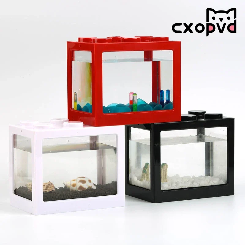 

Mini Fighting fish box aquarium transparent acrylic fish tank office desktop decoration Creative build blocks stacked
