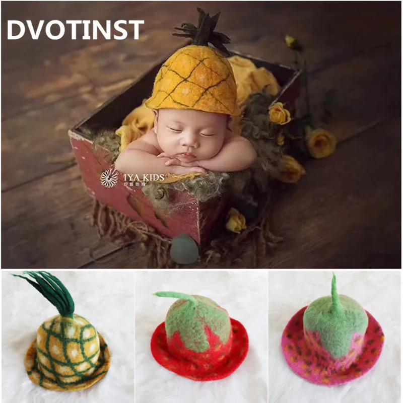 Dvotinst Newborn Photography Props for Baby Handmade Wool Pineapple Strawberry Bonnet Hat Fotografia Studio Shooting Photo Props