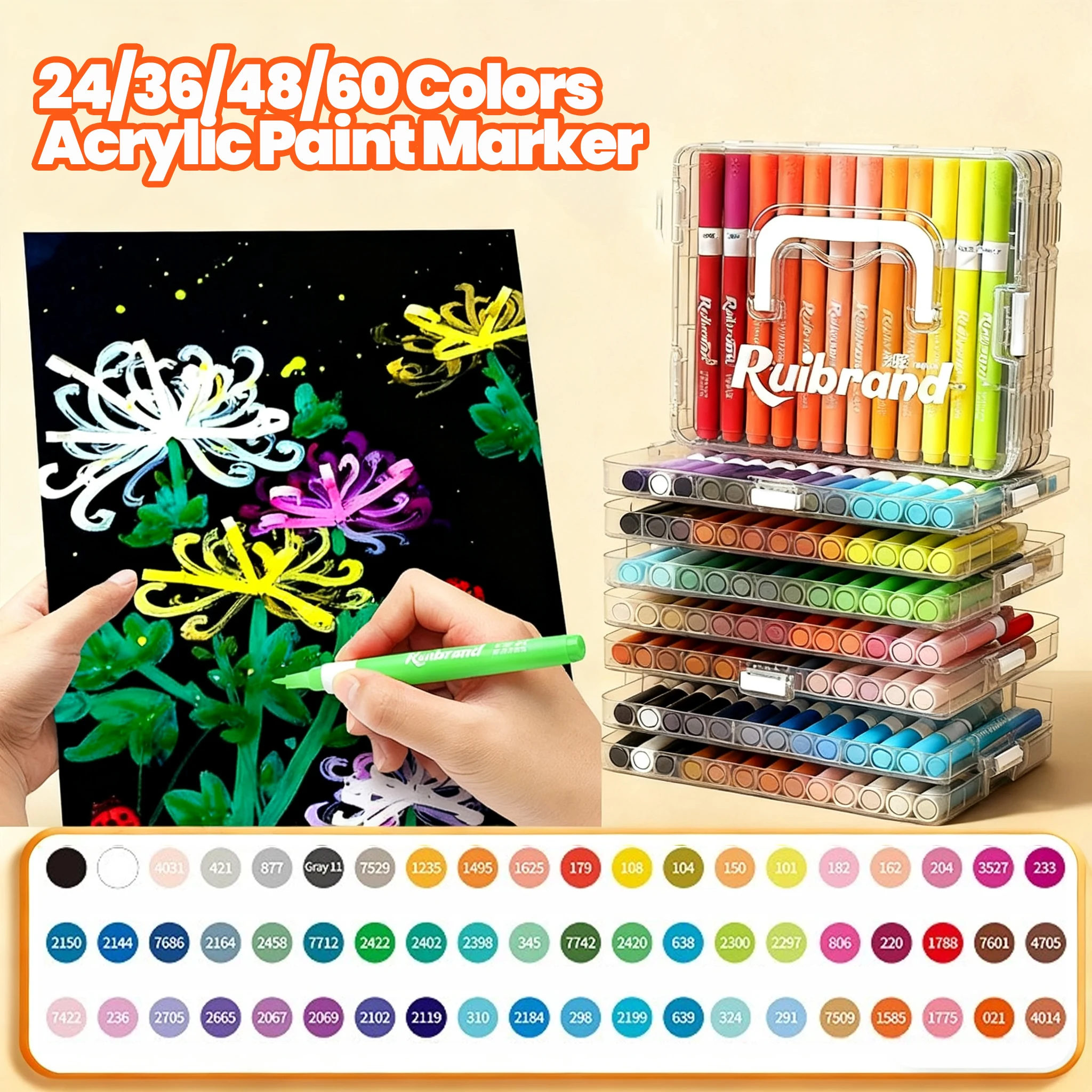 24/36/48/60 Colors Acrylic Paint Marker Set with Multi-layer Box for Egg Ceramic Wood Glass Stone Fabric for Adults