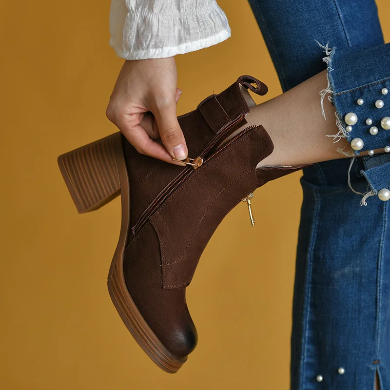 

Front Zip Cowhide Fashion Ladies Shoes Spring Autumn Ankle Boots Thick Heel Winter Boots Retro Style Real Leather Shoes Woman