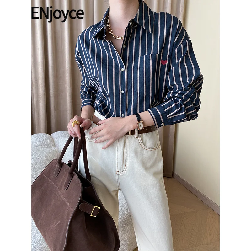 

ENjoyce Women Embroidery Hearted Vertical Stripes Shirts Ladies Workwear Blogger Style Loose Blouse Long Sleeve Top Spring 2024
