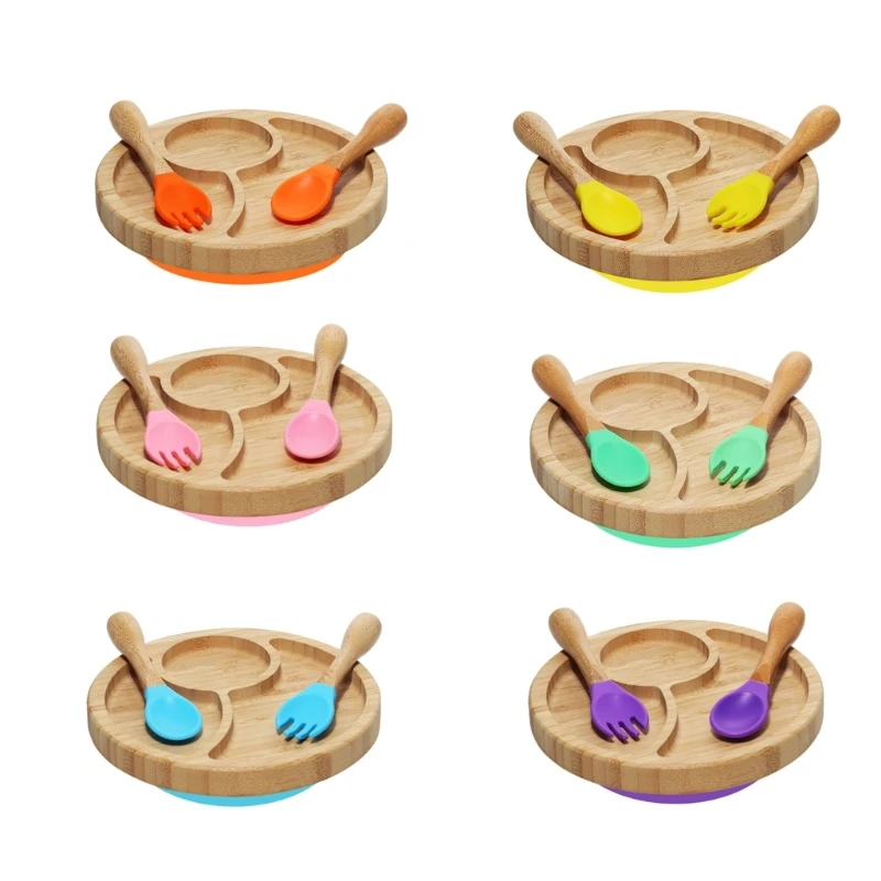

Baby Self-Feeding Plate Spoon Fork Set Toddler Natural Bamboo Feeding Divided Plate Spilling Prevent Suction Plate 69HE