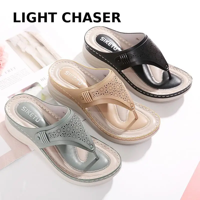 

New Women's Slippers 2022 Round Head Fashion Clip-toe Hollow Women's Sandals Wedge Heels Casual Large Size Sandals Flip Flops