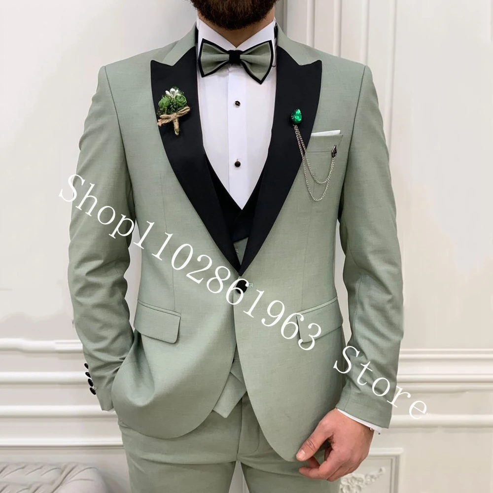 New Arrival Green Male Suits Slim Fit 3 Pieces Suits Blazer+Vest+Pants Best Men Wedding Tuxedos Groom Wear Costume Homme