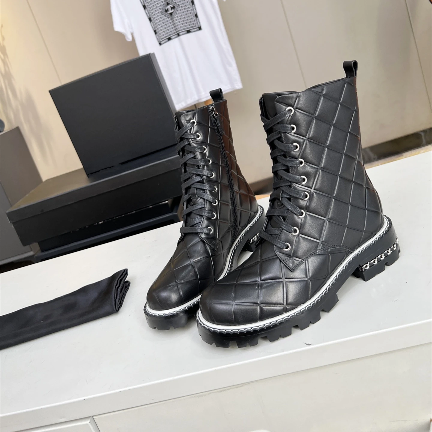 

Autumn winter Women Ankle Boots Fashion enuine Leather Boots Med Heels Chain Sewing Ankle Boots Flat Platform Comnat Booties 41