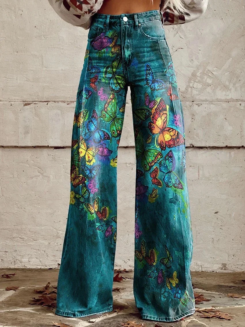 Fashion Printed Button-zip Women's Pants Elegant High Waisted Bell Bottom Pant Vintage Floral Printed Versatile Casual Fly Pants 4