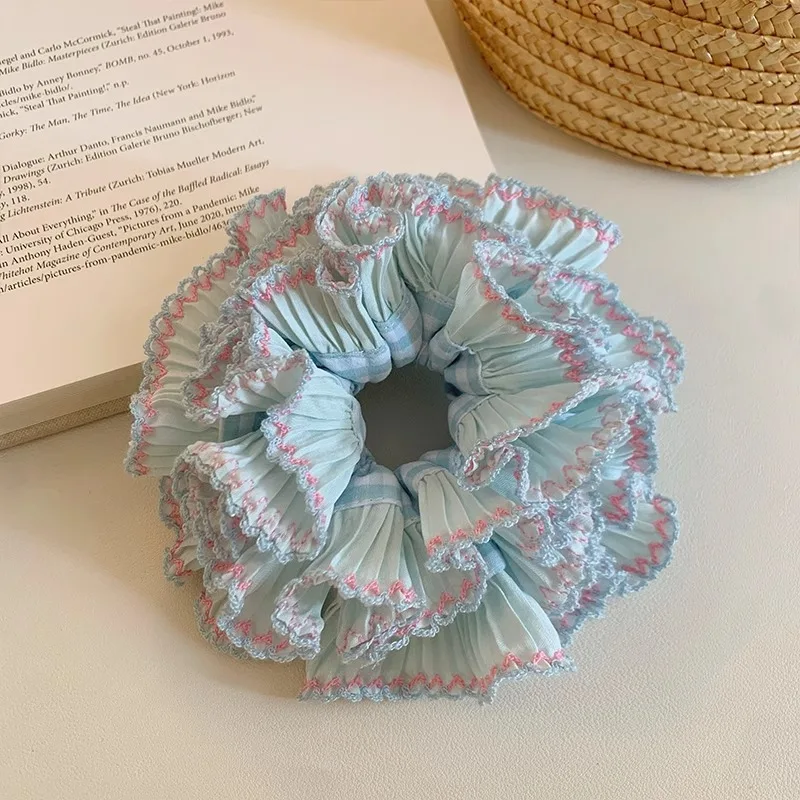 Blue Checkered Lace Elastic Hair Scrunchie - Oversized 14CM Hair Accessory