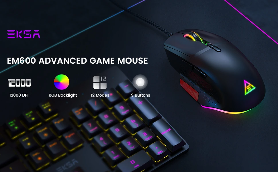 silent wireless mouse EKSA EM600 USB PC Gaming Mouse PAW3327 12000 DPI RGB Lightweight Wired Mice for Computer Mause Gamer with 9 Programmable Buttons digital mouse