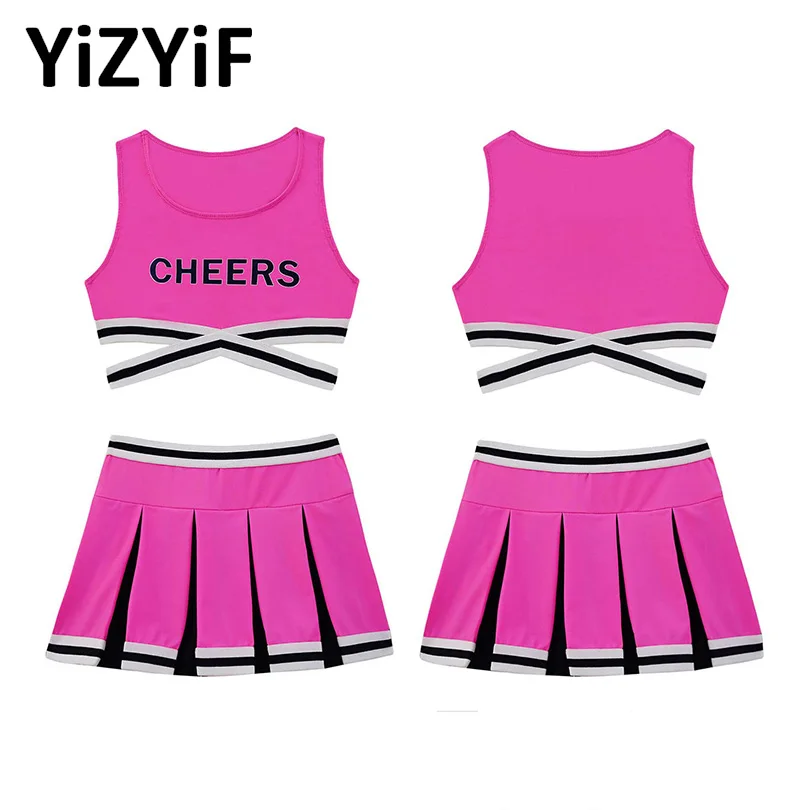 School Girls Cheerleading Uniform Crisscross Sash Vest+Skirt Set Teenager Kids Team Dance Costumes Gymnastics Jazz Sports Outfit