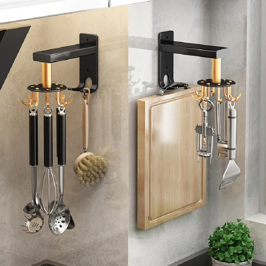 

Kitchen Hooks Bracket Wall Mounted Multi-Purpose 360° Rotating Organizer Storage Rack Utensils Hanger Home Bathroom Accessories