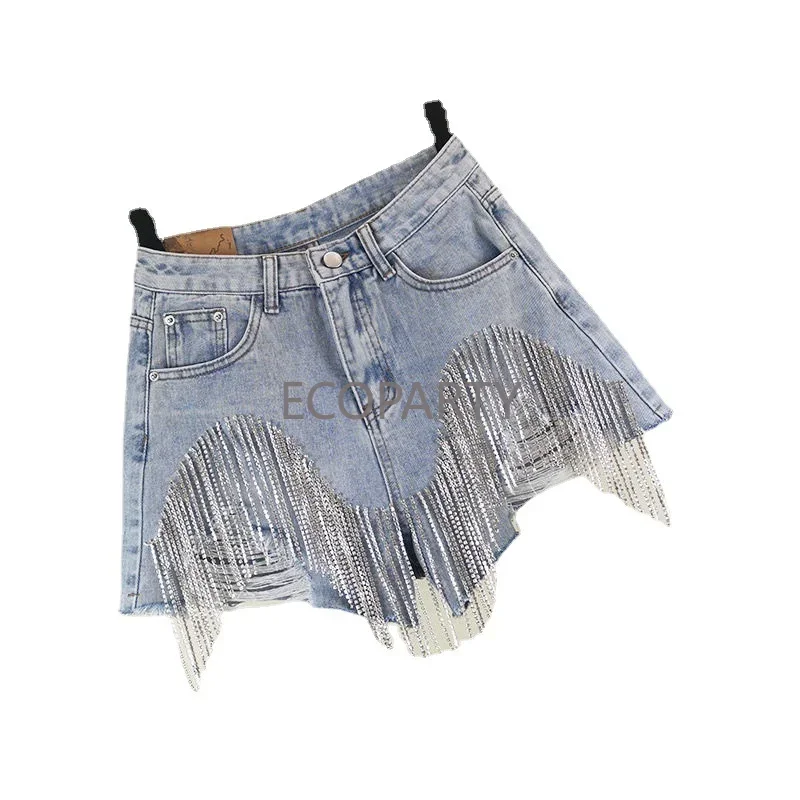 Short En Jean à Paillettes Et Perles Pour Femme - Taille Haute, Franges Déchirées - Idéal Soirée, Club, Plage, Fête