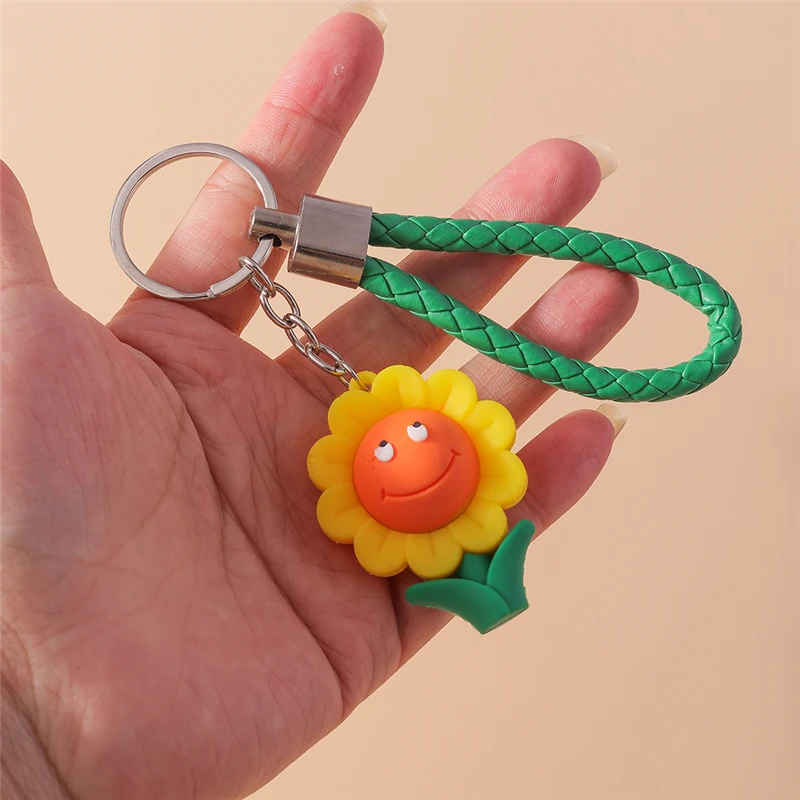 

Cute Cartoon 3D Smile Sunflower Keychain Charms Women Girl Keyring Pendant for Car Key Holder Handbag Decor DIY Key Chain Gifts