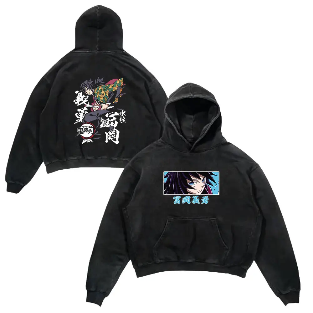 Anime Demon Slayer Retro Washed Hoodies Black Print Vintage Cotton Hooded Sweatshirts Oversize Hip Hop Male Pullover