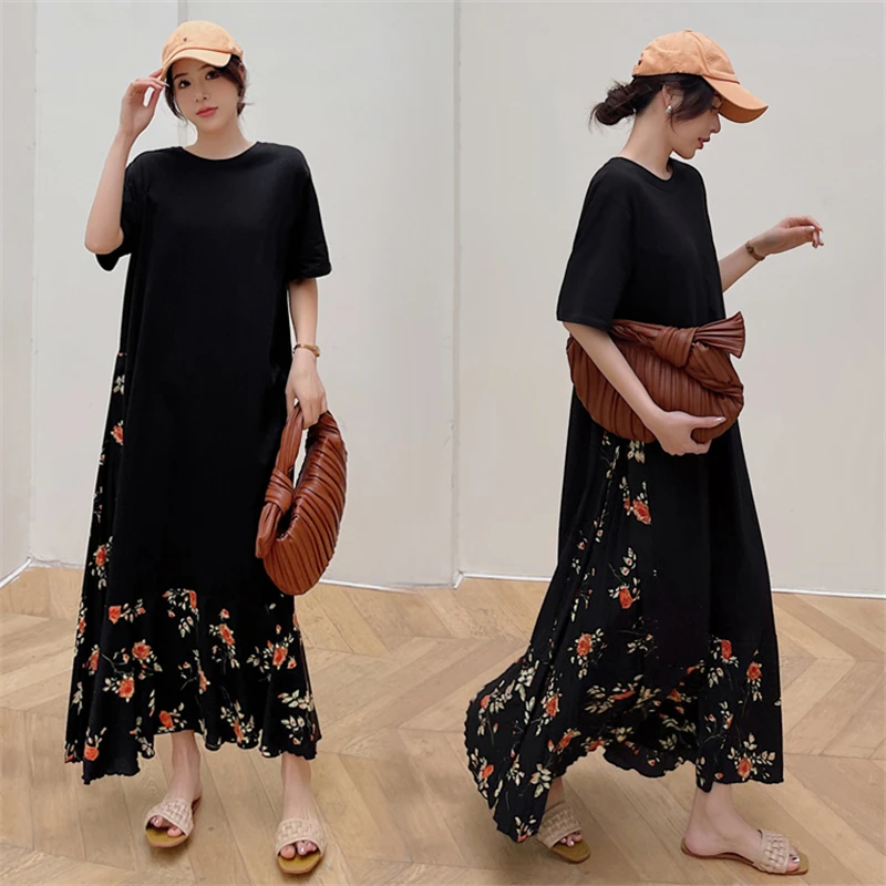 

Fake Two Pieces Dress Women's Summer Fashion Short Sleeve Floral Print Patchwork Pleated Vintage Frock Female Ankle Length Robes