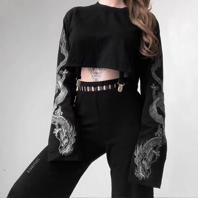 

2024 Fall Women Gothic Long-Sleeved Chinese Loong Hoodie Dragon Print Goth Emo Punk Crop Top Street Hiphop Pullovers Sweatshirt