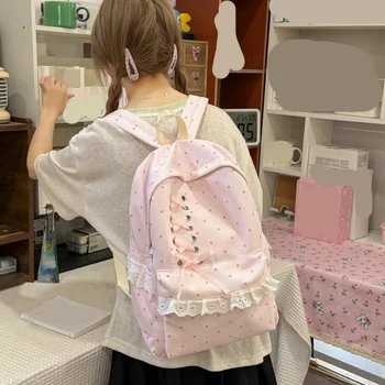 Zaino in pizzo a pois di grande capacità, morbido ed elegante, con scomparti, carino e leggero, ideale per le lezioni quotidiane