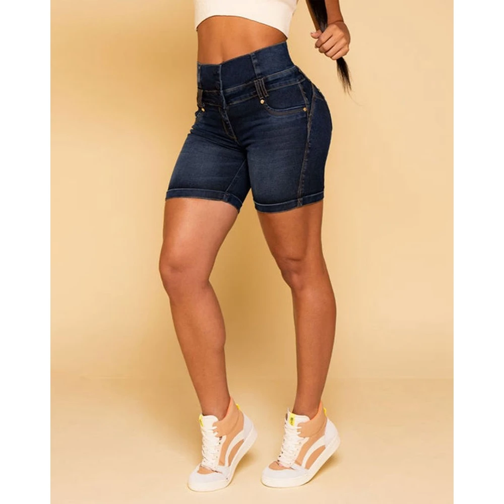 2023 Summer Women High Waist Pocket Design Denim Casual Cuffed Shorts High Waist Hot Pants Fashion Holiday Skinny Short Jeans