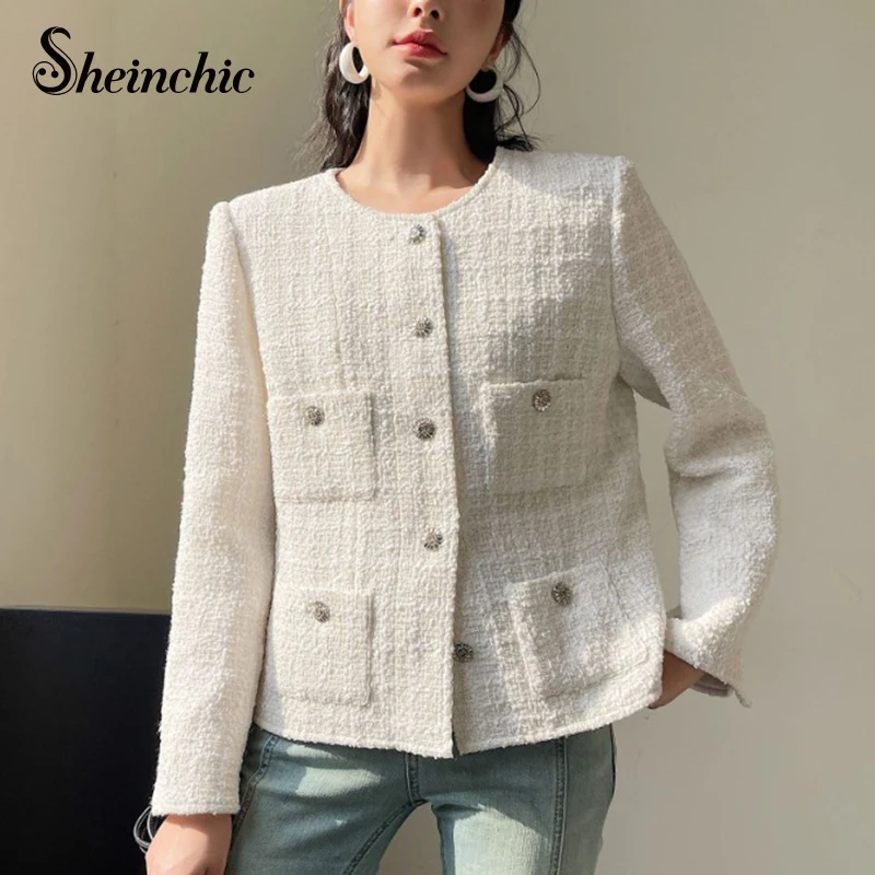 

Casaco De Frio Feminino Inverno 2023 Luxury Designer Elegant O-neck White Tweed Jacket Women Pockets Wool Coats Female