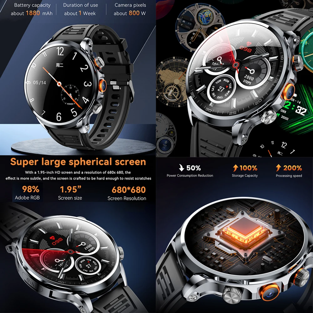 5G/4G Smart Watch Mens 1.95 inch AMOLED 8GB+128GB RAM HD 500W Camera WatchSmart GPS WIFI Google APP Download Smartwatch 1100 mAh 2