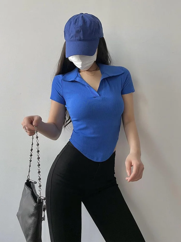 

Women's Solid Color 2022 New Sexy Lapel Curved Hem T-shirt Tight-fitting Short-sleeved Thin Bottoming Top Y680