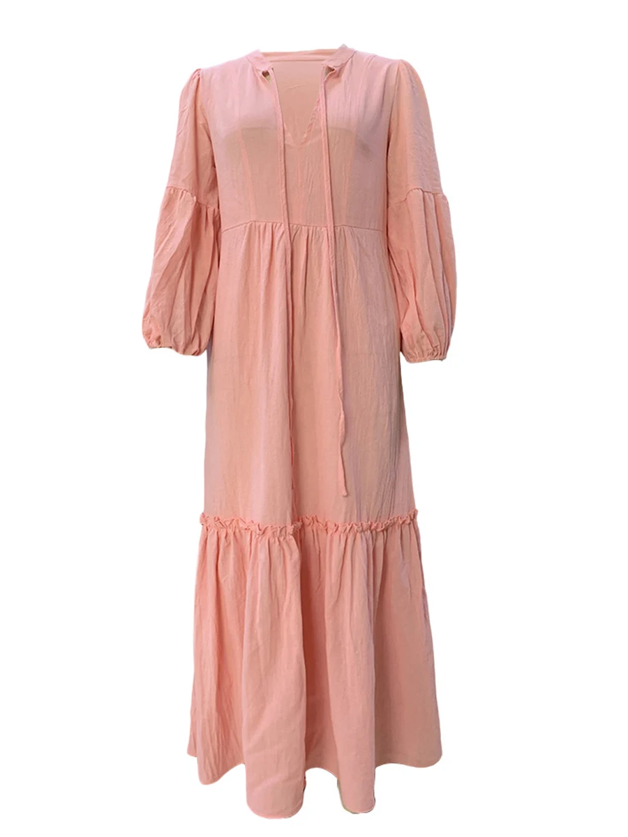 

Women s Boho Long Sleeve V Neck Long Dress Ruffle Hem Loose Solid Color Layered Casual Flowy Dresses