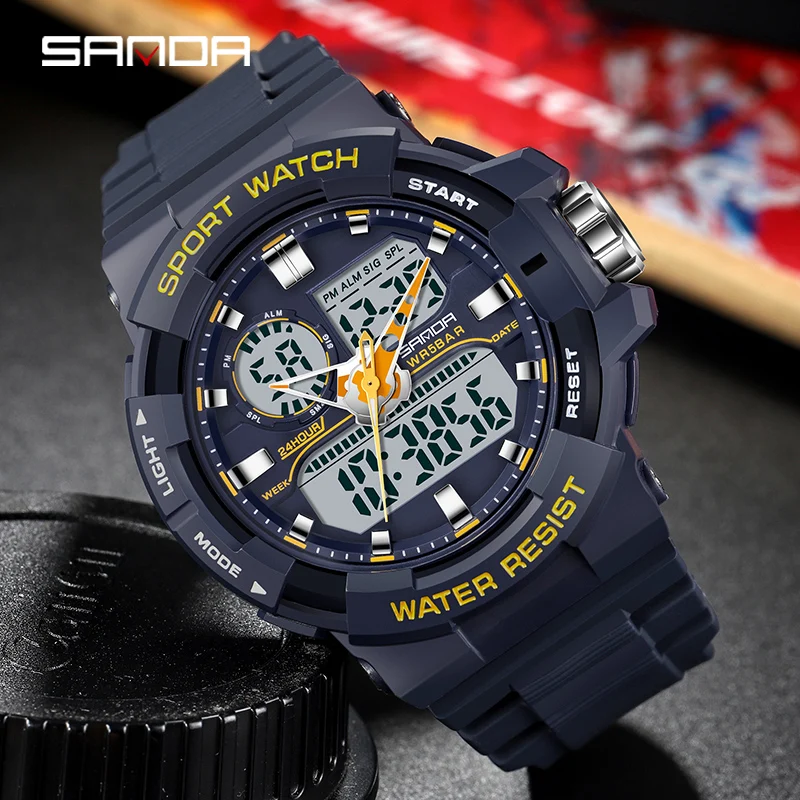 

SANDA Youth Fashion Digital Watch Men Shockproof Waterproof Dual Wristwatches LED Chrono Alarm Clock Mens Watches Cool Hour 6025